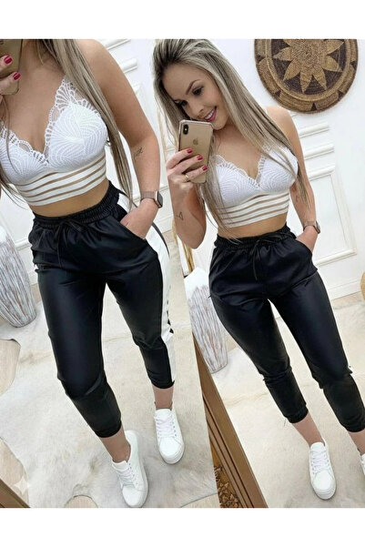 Butik Women's High Waist Elastic Side Striped Detail Leather Trousers
