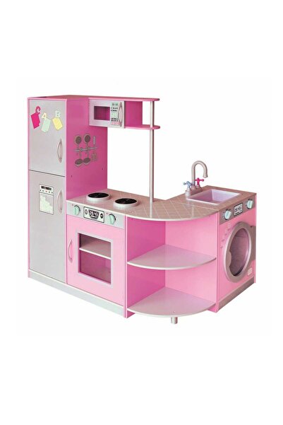 ALBADER لعبة مطبخ خشبية كبيرة قابلة للتعديل للأطفال، مجموعة لعب مطبخ وردية فاخرة، مجموعة لعب مطبخ للأطفال