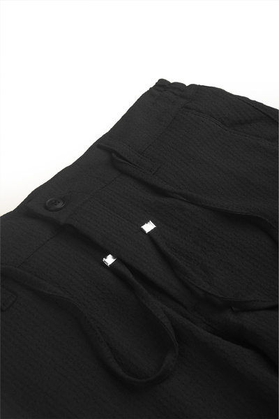DeepSEA Men's Black Stretch Fabric Seersucker Fabric Elastic Waist Drawstring S Slim Fit Casual Trousers 2600650