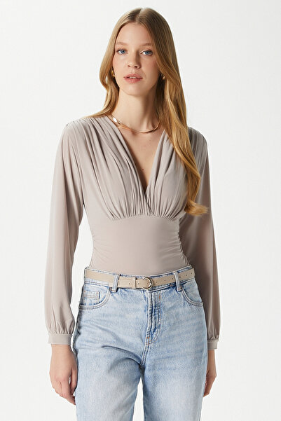 Ritnice Women's Sante V-Neck Beige Soft Sandy Blouse