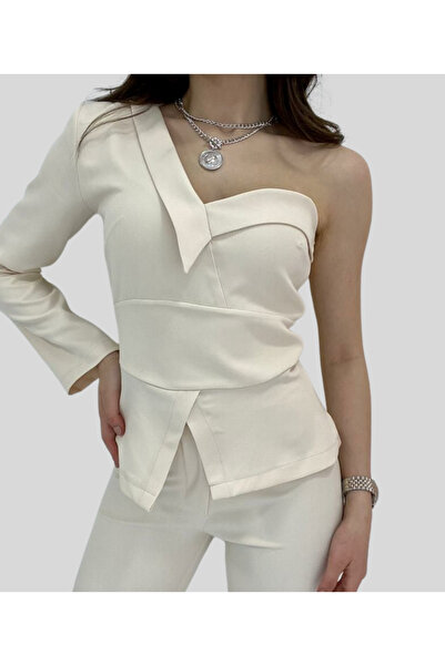 MQ طقم بلوزة كم واحد طويل مكشوف وبنطلون بقصة كلاسيكية