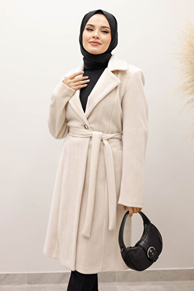 Tesettür Dünyası Lined Medium Length Fox Coat Tsd250245 Beige
