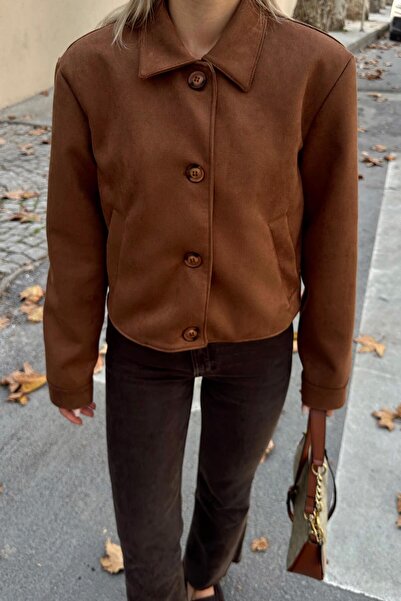 Swist Brown Suede Polo Neck Button Closure Women's Crop Coat