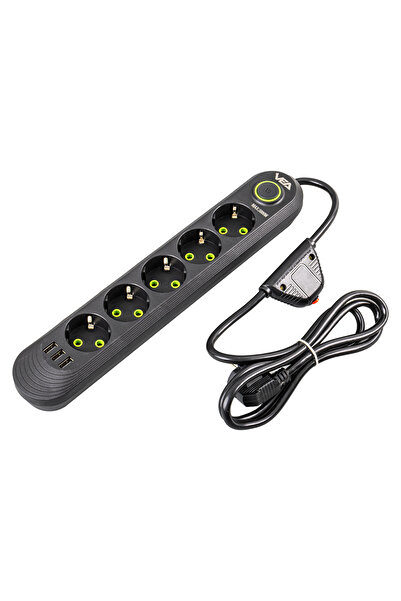 VEA Va-21561 5-Port 1.5 Meter Cable 3 USB Black Surge Protected Power Outlet