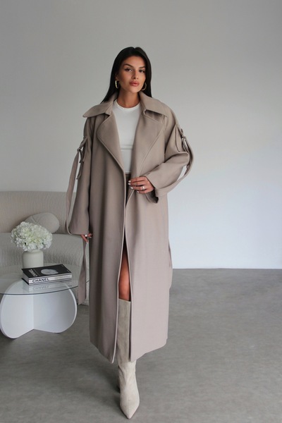 Julidress Oversized (Bol) Lined Premium Long Cashmere Coat with Stone Belted Sleeves Detail