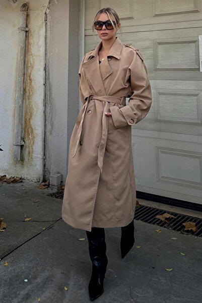 Swist Vizon Oversize Kuşaklı Kruvaze Yaka Apoletli Kadın Midi Trençkot