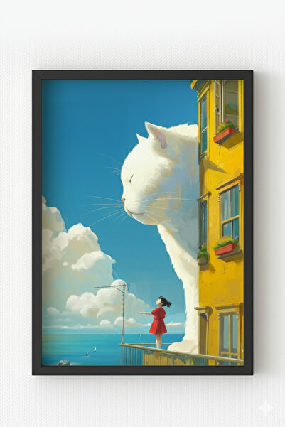 MIOVI Siyah Ahşap Çerçeveli Dev Kedi ve Kırmızı Elbiseli Kız Poster – Hayalperest Sanatsal Duvar Dekoru