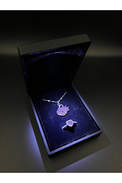 Sepetten Eve Işıklı Set Kutusunda 2 Li Gerçek Çelik Kuğu Kolye Kalpli Yüzük Seti Sevgiliye Hediye Doğum Günü