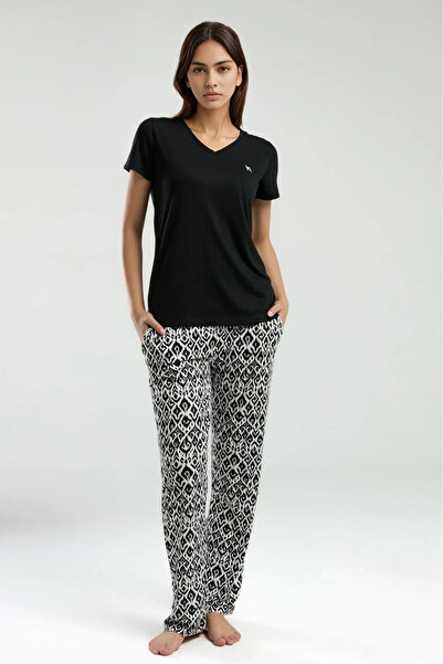 Soweto Women's Pajama Set – V-Neck Black Top, Ethnic Patterned Bottom