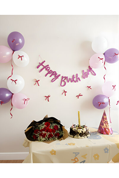 Organizasyon Pazarı Pembe Simli Happy Birthday Pembe Kurdele Konsept Şık Mini...