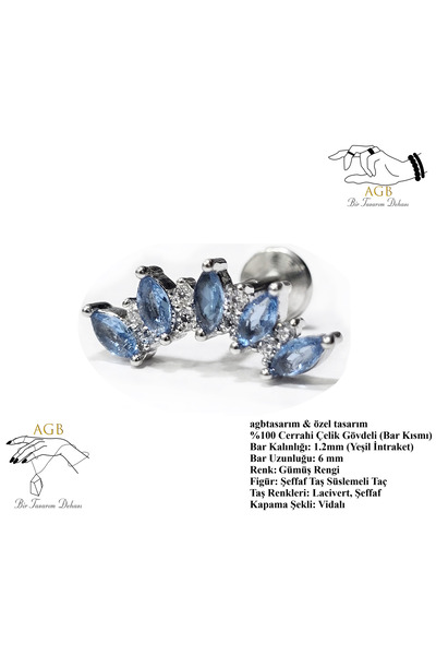 AGB Markiz Taşlı Kıkırdak, Kulak "snug" "lobe" "flat" Taç Figürlü Piercing (3...