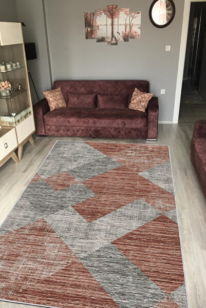 VOPTEKS Kiremit Renkli Gri Halı Salon Halısı Makinede Yıkanabilir Halı Kaymaz...