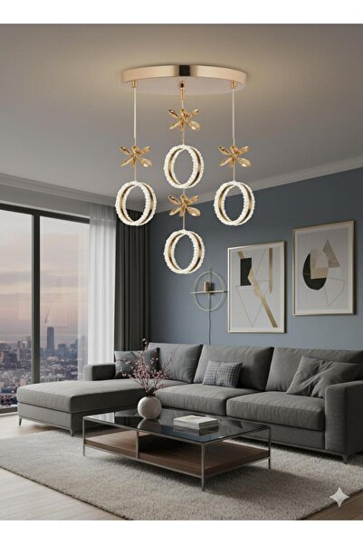 Litra Lighting Zero Model 4"lü Kristal Taşlı Gold 3 Renk Modu Ledli Salon Mutfak Oturma Odası Sarkıt Led Avize