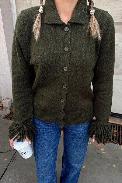 Swist Khaki Sleeve Tassel Detail Polo Neck Women's Knitwear Cardigan