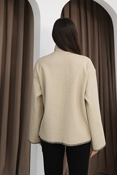 Leo Ferre Women's Cream New Season Shepherd Stitch Mock Neck Coat.1208