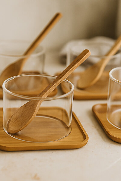 Bohemian Borosilicate Glass Soufflé Bowl Set with Bamboo Plate and Spoon – Set of 4