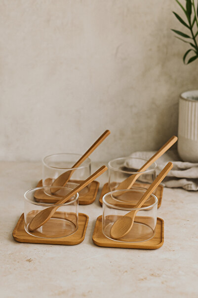 Bohemian Borosilicate Glass Soufflé Bowl Set with Bamboo Plate and Spoon – Set of 4