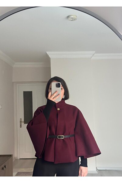 Butik Kadın Gold Düğme Detaylı Kemerli Panço Bordo