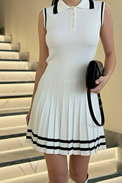 oshebu Γυναικείο πουκάμισο με γιακά με κουμπιά μπροστά Πλισέ Μίνι Πλεκτό Φόρεμα