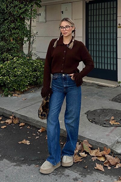 Swist Brown Sleeve Tip Tassel Detail Polo Neck Women's Knitwear Cardigan