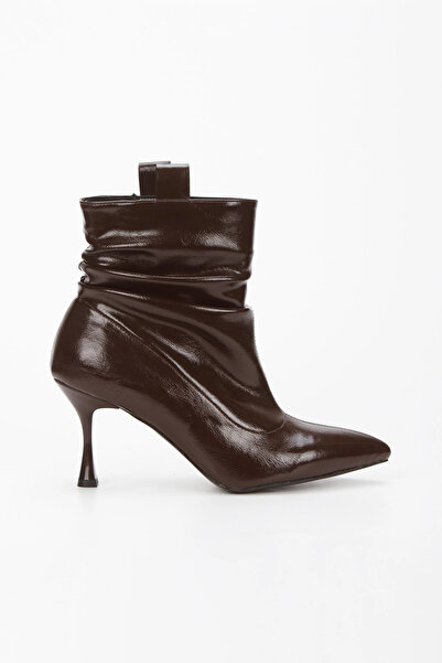 MFT AYAKKABI Women's Brown Patent Leather Drawstring Pointed Toe Short Boots