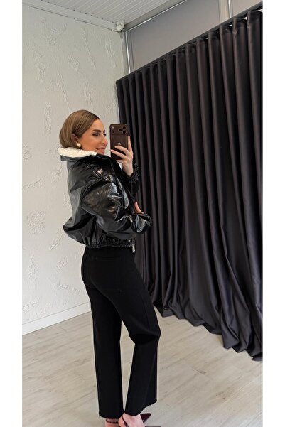 elif teke Collar Plush Leather Jacket Black