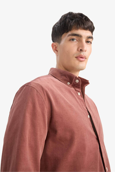 DeFacto Regular Fit Polo Neck Corded Fabric Velvet Long Sleeve Brown Men's Shirt E9024Ax/Bn152
