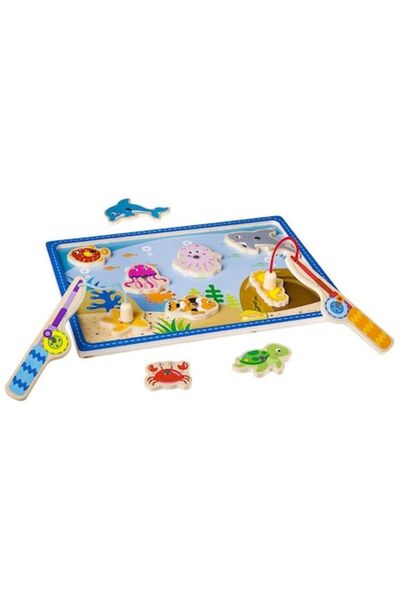 Tooky Toy Joc de pescuit, 10 creaturi marine, din lemn