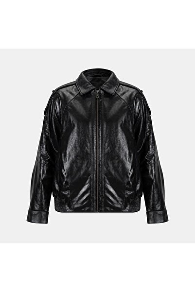 Desa Women's Black Shirt Collar Leather Bomber Jacket