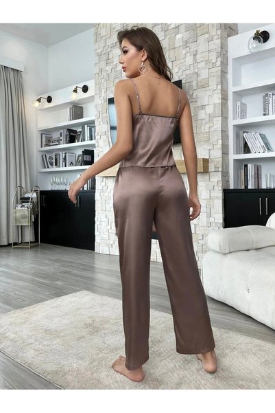 sempathy Women's 2-Piece Pajama Set with Satin Collar and French Lace Details