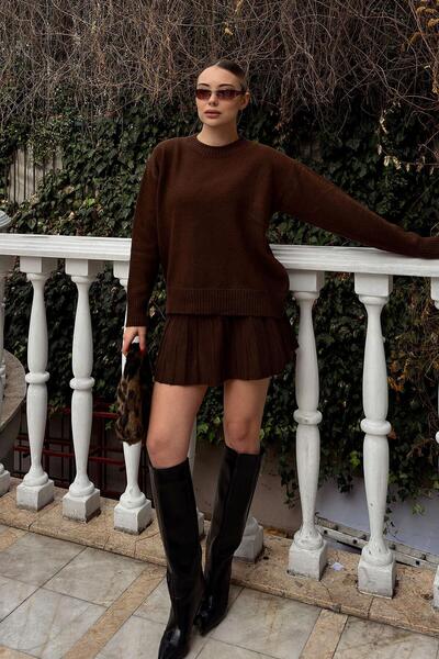 Swist Brown Paloma Pleated Skirt-Crew Neck Sweater Women's Knitwear Bottom Top Set