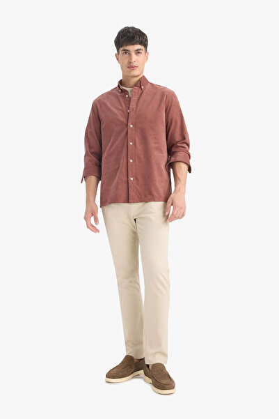 DeFacto Regular Fit Polo Neck Corded Fabric Velvet Long Sleeve Brown Men's Shirt E9024Ax/Bn152