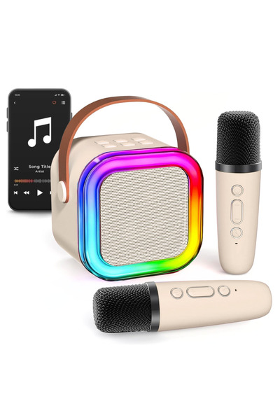 easyCTRL Set karaoke cu difuzor Bluetooth și 2 microfoane wireless, lumini LED RGB dinamice, USB-C, crem
