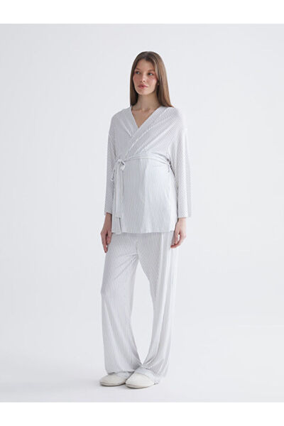 LC Waikiki Set de pijamale de maternitate cu dungi cu guler șal