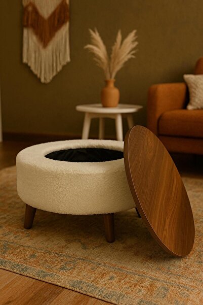 ADANUR DESIGN Yeni Nesil Modern Yuvarlak Puf Ceviz Ahşap Sandıklı Orta Sehpa