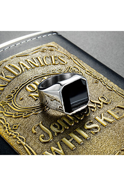 Kracer Silver steel ring with black zircon stone