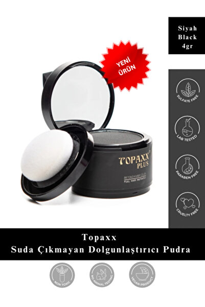 Topaxx Plus Siyah Suda Çıkmayan 4 gr Saç Dolgunlaştırıcı Dip Boya Seyrek Saç Kapatıcı Saç Pudrası