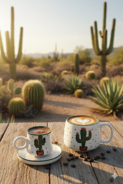 Gezdikçe Bilelim My Dear Self Series Cactus Patterned, Handmade Ceramic and Mug Set, Mug, Hand Made
