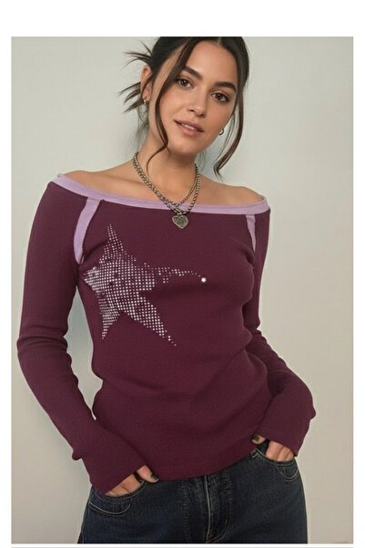 Köstebek Plum Off-Shoulder Star Print Long Sleeve Blouse