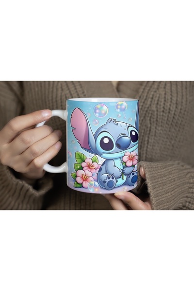 Beramussa Mavi Stitch Çiçekli Kupa Bardak - Mavi Arka Planlı Tatlı Karakter T...