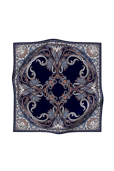 Vissona Navy Blue Ethnic Patterned Tivil Silk Scarf-60777-18-Kvs0800
