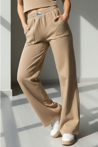 Mood Lab Bej Cep Detaylı Bol Paça Beli Lastikli Eşofman Altı