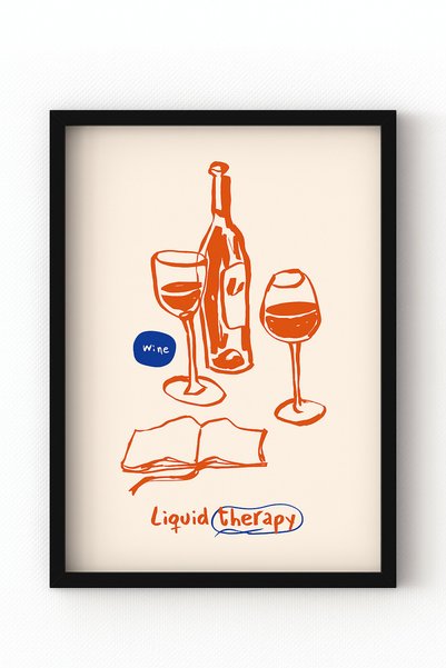 MIOVI Ahşap Çerçeveli “Liquid Therapy” Poster – Şarap ve Kitap Temalı Minimal...