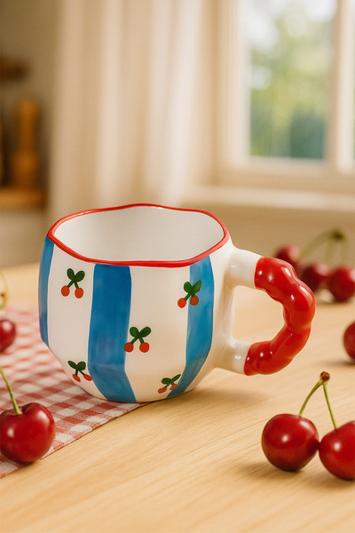 Çağ Seramik Kiraz Desenli El Yapımı Seramik Kupa – Kırmızı Kulplu Krem Kahve ...