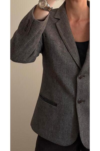 Retrokare Kahverengi Balıksırtı Yün Blazer Ceket