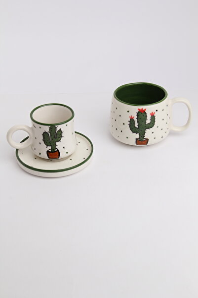 Gezdikçe Bilelim My Dear Self Series Cactus Patterned, Handmade Ceramic and Mug Set, Mug, Hand Made