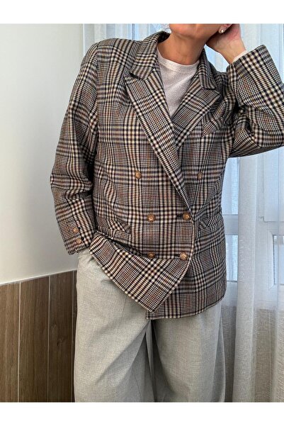 Retrokare Ekose Gri-Kırmızı Kruvaze Yün Oversize Blazer Ceket