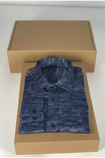 YusGos Long Sleeve Cotton Easy Iron Blue Camouflage Pattern Regular Fit Premium Men's Shirt