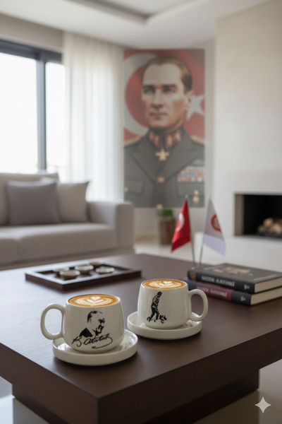 Gezdikçe Bilelim Ataturk Themed Handmade Double Mug with 2 Plates, Ceramic Mug, Mug, Cup, Handmade