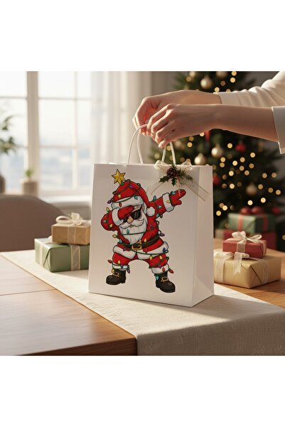 Armada Τσάντα δώρου από χαρτί με λευκή λαβή με στριφτό σχέδιο – Άγιος Βασίλης που χορεύει τον χορό του Χριστουγέννων με ετικέτα (8x18x24 εκ.)